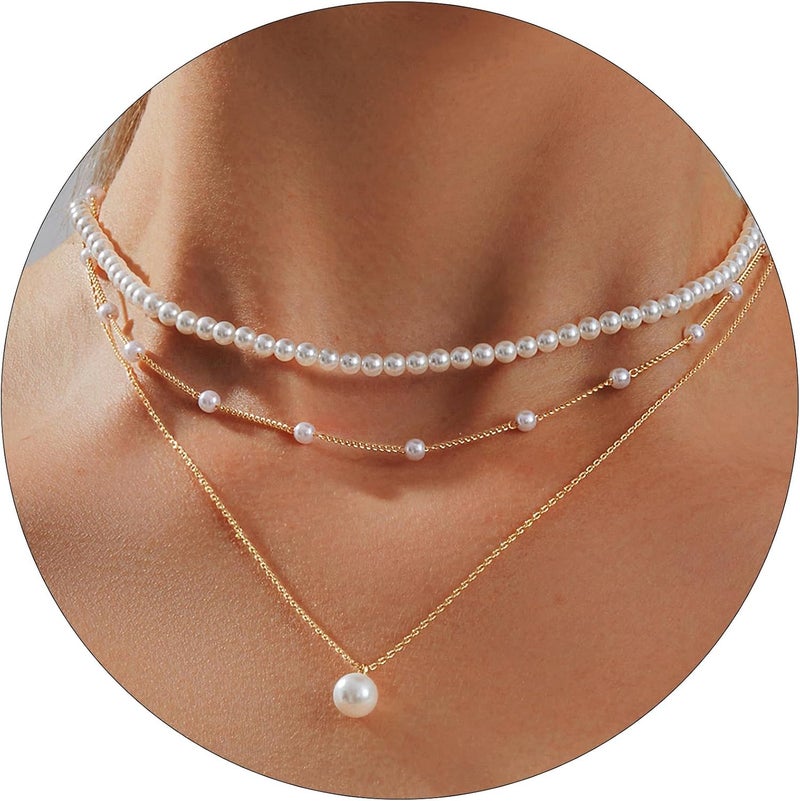Partm Pearl Necklace for Women Trendy 14K Gold Plated Dainty Pearl Pendant Choker Set Handmade Pearl Gold Necklace Non Tarnish Simple Cute Jewelry Gifts for Women - Image 1